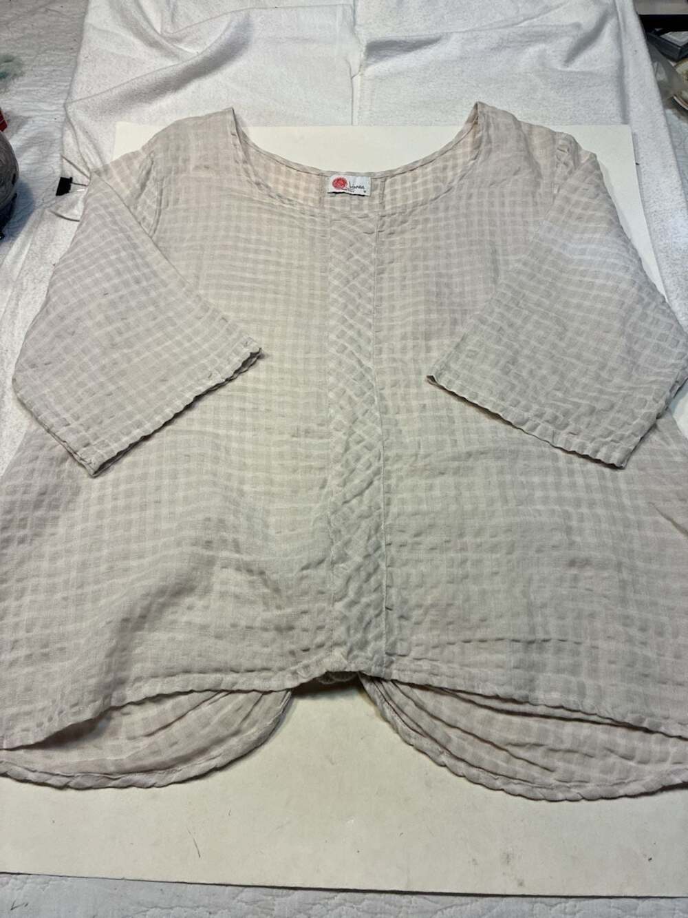 Linnea Made in U.S.A. Women's Textured Beige Gauze Linen Blend Boxy Top